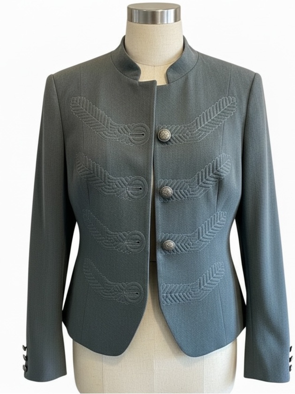 Cabi Size 10 Embroidered Military Style Short Blazer With Gray Stand Collar